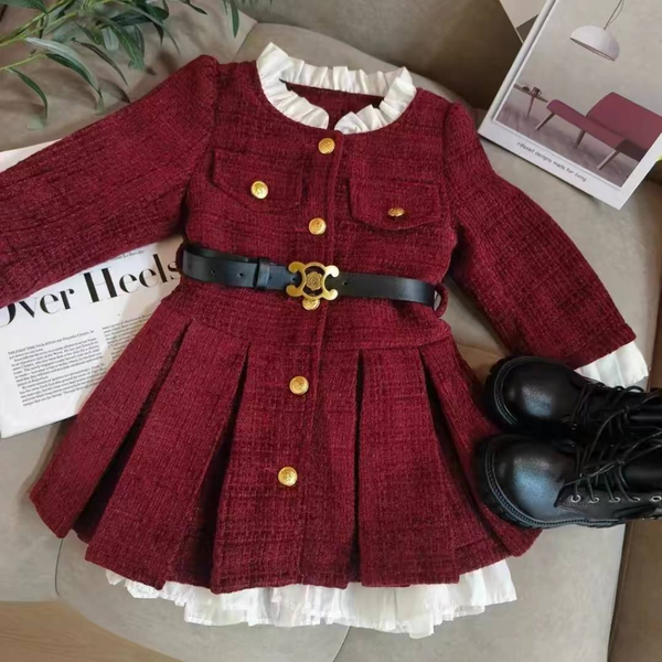 Бордова святкова утеплена сукня осінь/зима з поясом і гудзиками для дівчинки, розмір 92 60583409 фото